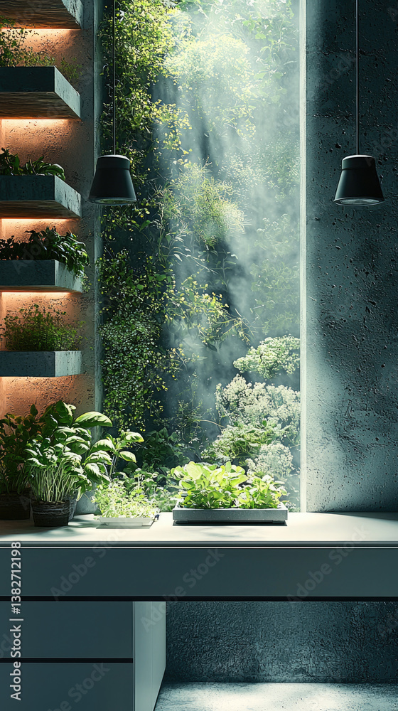 Poster serene indoor garden with lush greenery and soft sunlight filtering through window, creating tranquil atmosphere. modern design features shelves with potted plants, enhancing calming environment