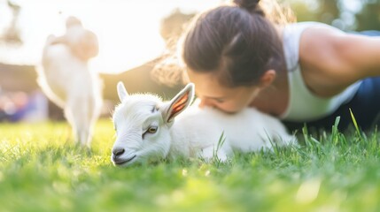 Young caucasian female with goat in sunlit meadow