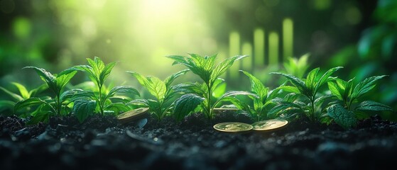 Financial Growth, Investment, and Prosperity: Lush Green Plants Flourishing Alongside Coins, Symbolizing Financial Success and Returns