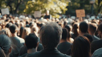 Large group of protesters listening to a speaker in a public park, capturing a layoff concept with cinematic depth.