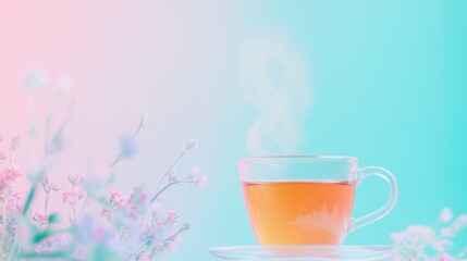 Steaming glass teacup with floral arrangement on pastel background
