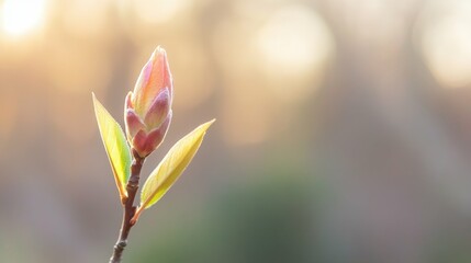 Fototapeta premium Emerging spring bud on branch against soft blurred background
