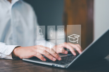  E-learning education concept, internet lessons and online webinar.  who attends online lessons on...