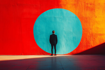 Silhouette Of Man Standing Before A Red Wall With Blue Circle And Shadow In Daylight