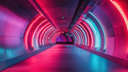 Neon Illuminated Tunnel with Symmetrical Arches and Futuristic Aesthetic Design