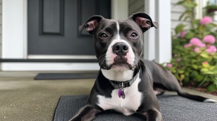 Black and white dog relaxing on a doorstep with pink flowers in background