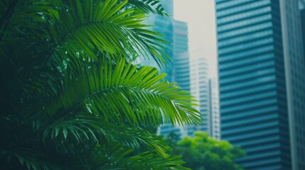 Tropical foliage against urban cityscape: juxtaposition of nature and architecture