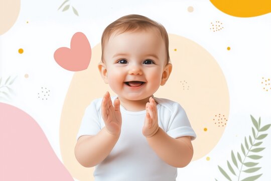 Smiling baby clapping hands with abstract heart design
