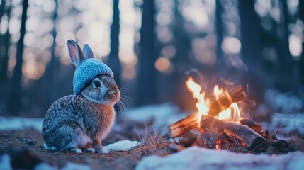Obraz premium Rabbit in blue hat by campfire in snowy forest at dusk
