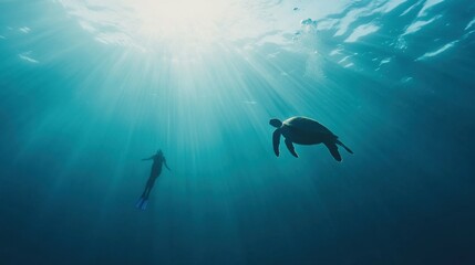 Fototapeta premium Female diver and sea turtle underwater in sunlit ocean depths