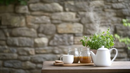 Rustic tea set with steaming teapot, jars, and herb plant on wooden table