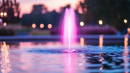 Obraz premium Pink fountain illuminated at dusk with soft bokeh landscape