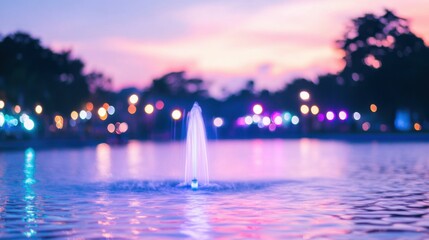 Tranquil sunset water fountain with bokeh lights in serene evening