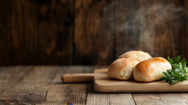 Freshly baked bread rolls on rustic wooden boards with herbs and steam