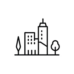 Simple line art cityscape with modern skyscrapers and trees