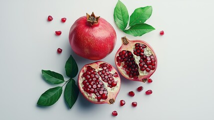 Pomegranate with leaves isolated on a white background. It has two pomegranates cut in half, one of which is open and full of red seeds. The fruit looks fresh and juicy