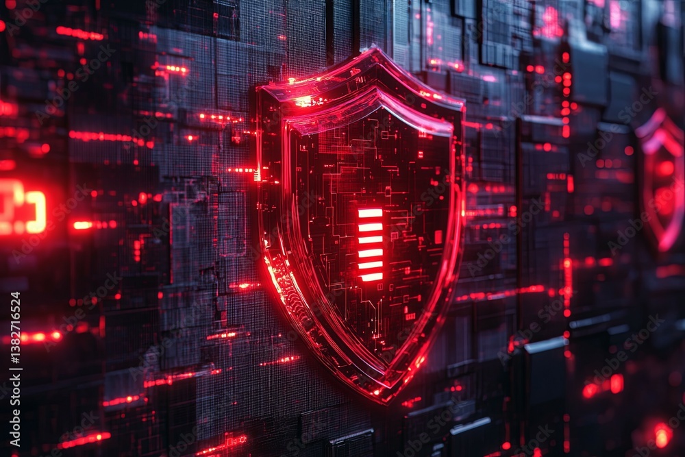 Wall mural digital red glowing shield protecting a complex network of circuits