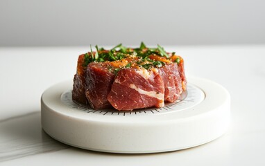 Fototapeta premium Marinated Meat on White Plate