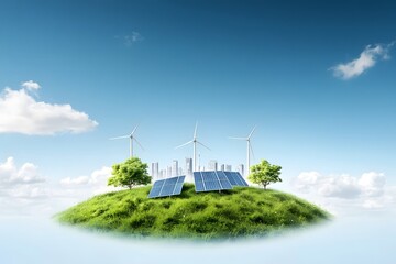 Energy panels and windmills on island. Green power concept	
