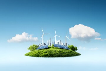 Energy panels and windmills on island. Green power concept