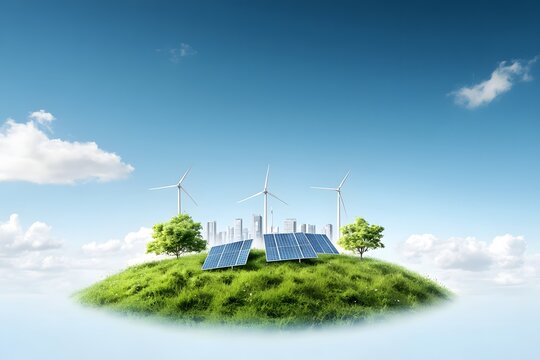 Energy panels and windmills on island. Green power concept	
