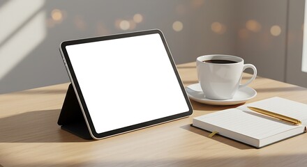 Professional business mockup with a tablet displaying a blank screen, next to a coffee cup and a notebook