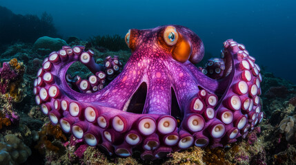 Tentacles of octopus, squid or kraken deep under water in sea. Vector cartoon illustration of ocean bottom with scary monster arms, purple and pink giant octopus tentacles with suckers