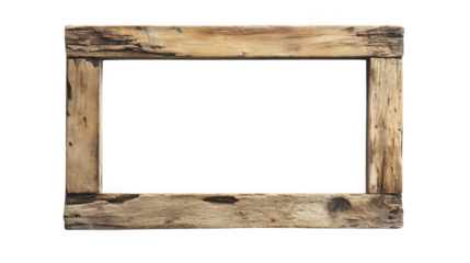 Old weathered wooden frame with a dark center against a black background in a studio setting
