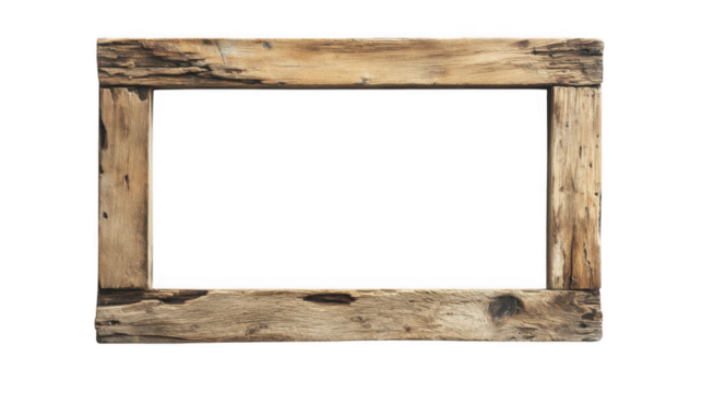 Old weathered wooden frame with a dark center against a black background in a studio setting