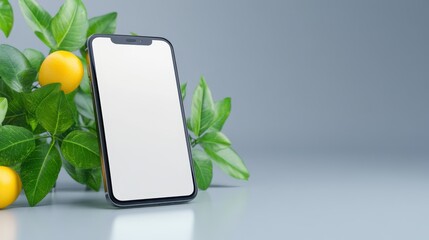 Fresh lemons and a blank smartphone screen, vibrant template for your message fresh