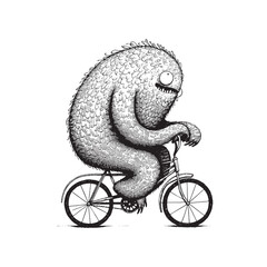 A funny, hairy monster with big eyes and sharp teeth riding a tiny bicycle in a hand-drawn sketch style.