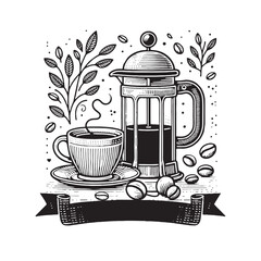 Hand-drawn coffee cup and French press with coffee beans