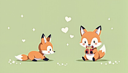 Cute fox duo exchanging gifts, whimsical charm
