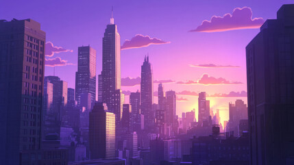 Parallax background sunset city skyline architecture near waterfront, modern megapolis with buildings skyscrapers under purple sky 2d separated layers for game animation, Cartoon vector illustration