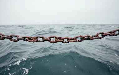 Rusty Chain Across Choppy Sea Under Gray Sky