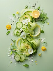 Fresh cucumber salad with herbs and flowers arranged artistically on a light green background