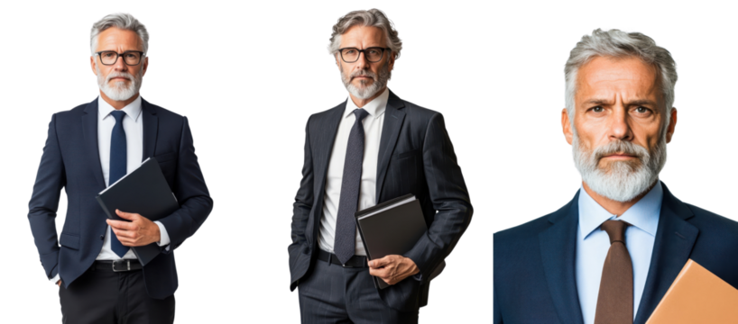 Portrait of a senior man in a business suit holding a file folder, isolate on white background. Mix Collection Png.