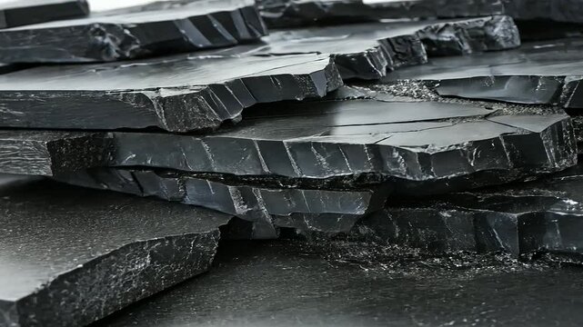 A close-up macro shot of coal and graphite deposits stacked together, showing their reflective surfaces and natural patterns under soft studio lighting.