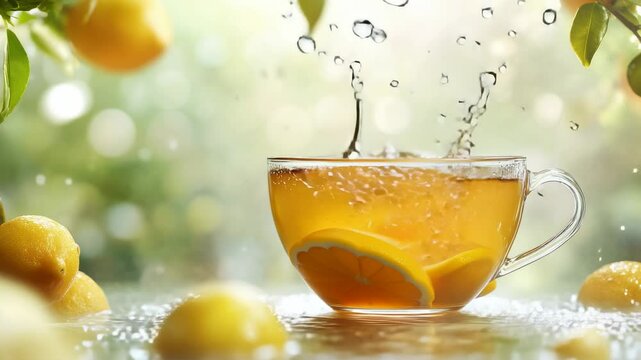 Fresh splash in glass cup of lemon tea with citrus fruits and water drops on sunny garden background