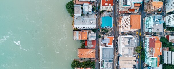Resilient Coastal City Infrastructure: Aerial View of Flood-Resistant Modern Disaster Mitigation Strategies