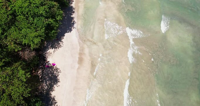 Drone Shot of Pristine Exotic Tropical Beach With White Sand and Green Trees. Cahuita National Park, Costa Rica