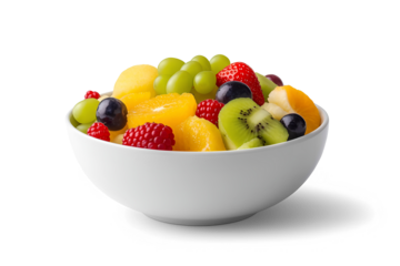 Fersh mixed fruit in a white bowl with transparent background