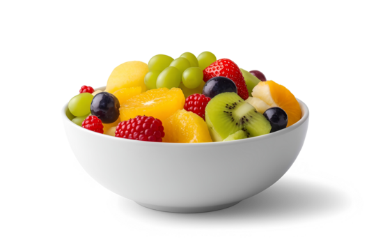 Fersh mixed fruit in a white bowl with transparent background
