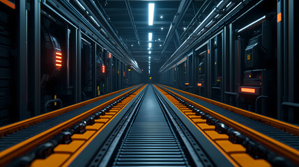 Fototapeta premium A futuristic, industrial corridor featuring sleek tracks and glowing lights, creating a high-tech atmosphere.