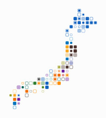 Fototapeta premium Japan, shape of the country built of colored cells. Digital style map of Japan on white background. Large size rounded square blocks. Simple vector illustration.