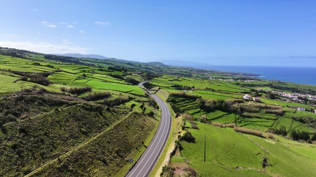 Euroscut Highway cutting through lush Nordeste coastal landscape, Sao Miguel