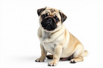 Obraz premium Adorable pug dog sitting, isolated on pure white background, short-nosed, fawn, funny