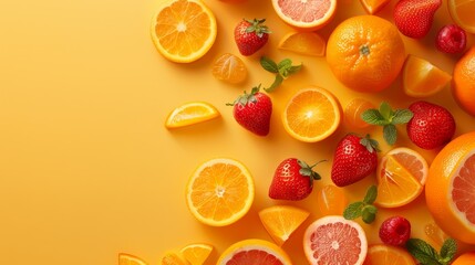Vibrant still life, fresh oranges and strawberries on a sunny yellow background fresh