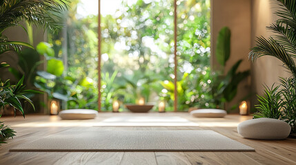 Serene yoga studio with lush garden view, perfect for relaxation and mindfulness practices