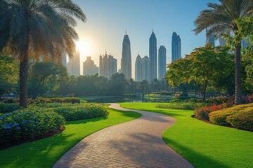 Fototapeta premium Scenic Brick Path in Garden Park with Skyscraper Skyline at Sunset